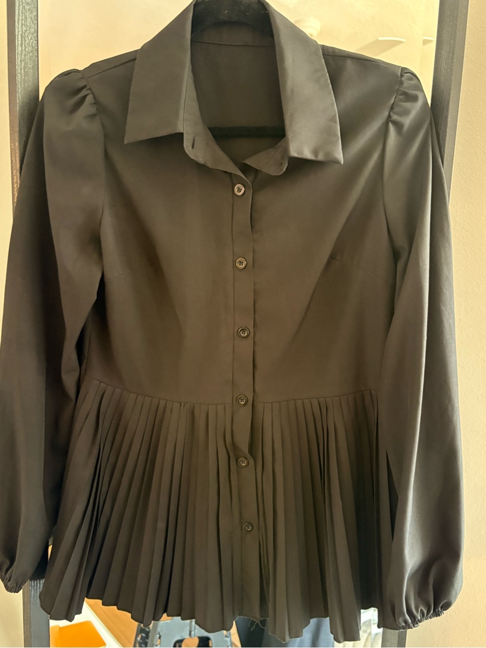 Black Long-Sleeve Pleated Button-Front Women's Dress - Picture 5 of 5